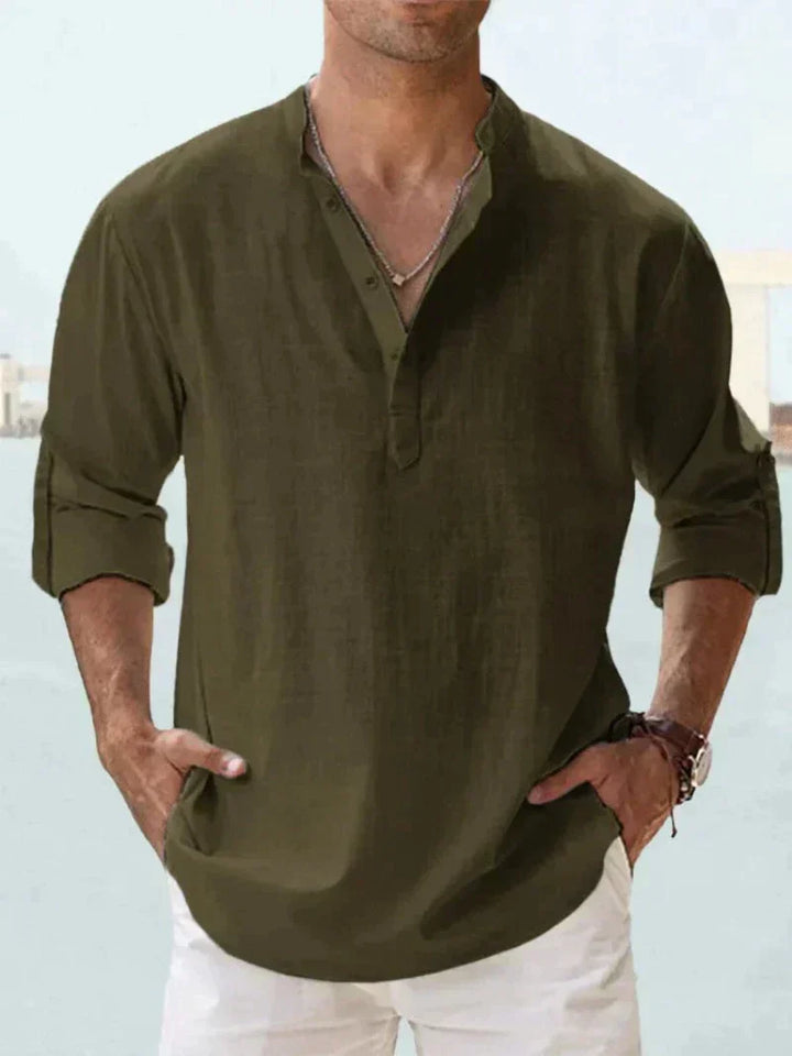 Men's Linen Henley Long Sleeve Relaxed Fit Shirt