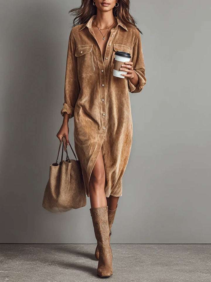 Lior | Corduroy Long-Sleeve Midi Shirt Dress