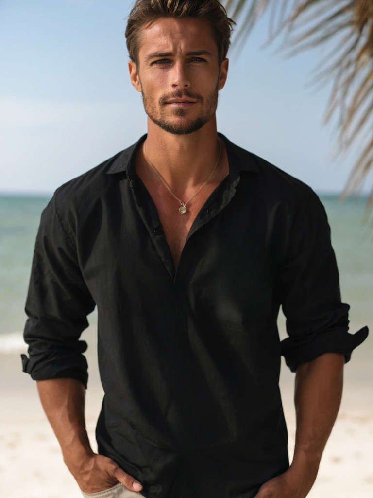 Men's Linen Henley Long Sleeve Relaxed Fit Shirt