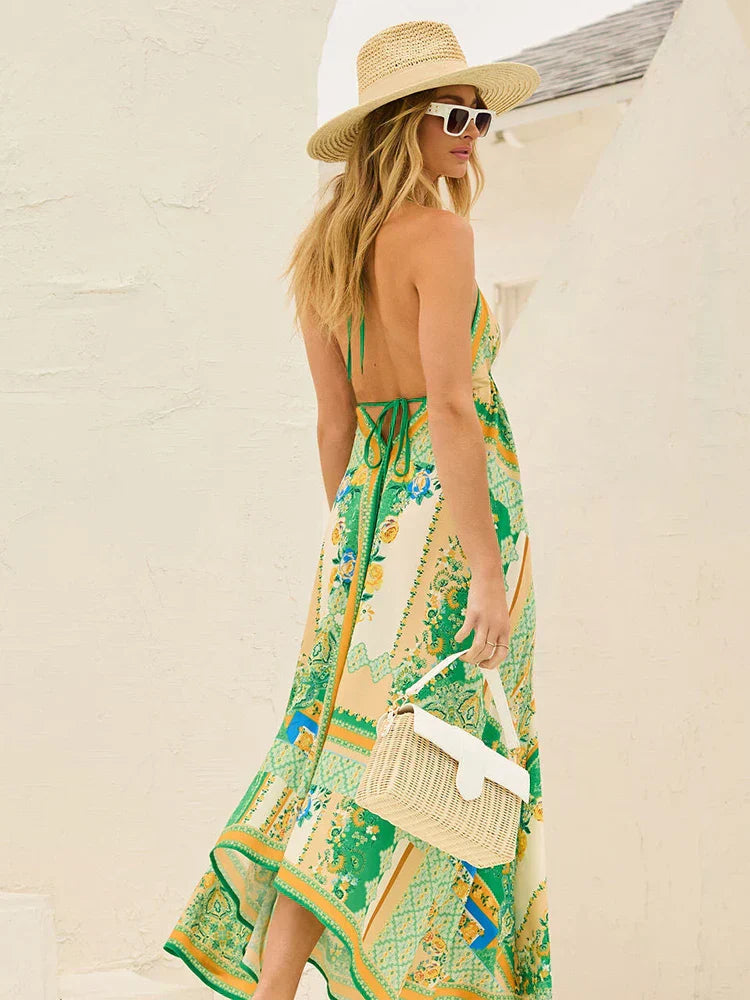 Women's Linen Halter Maxi Dress Beach Sundress