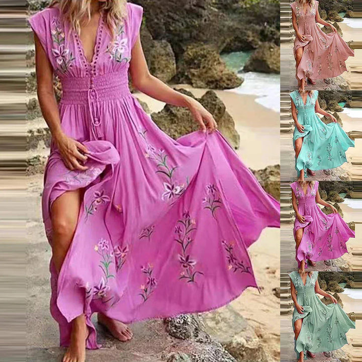 Women's Boho Embroidered V-Neck Linen Maxi Dress