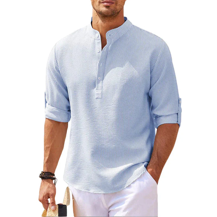 Men's Linen Stand Collar Shirt Relaxed Fit Casual Button Front Top