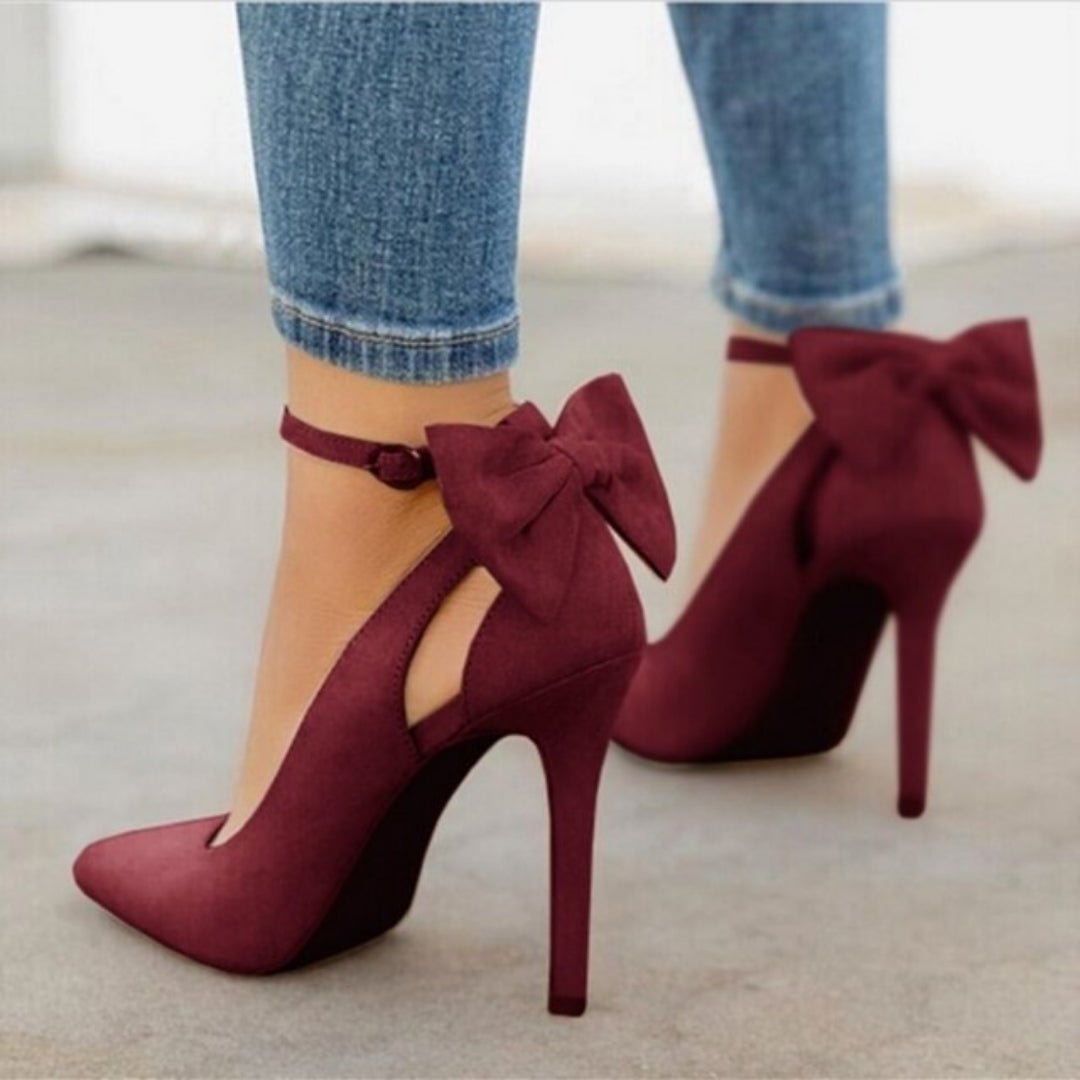 Women's Suede High Heel Pumps with Ankle Strap and Bow Detail