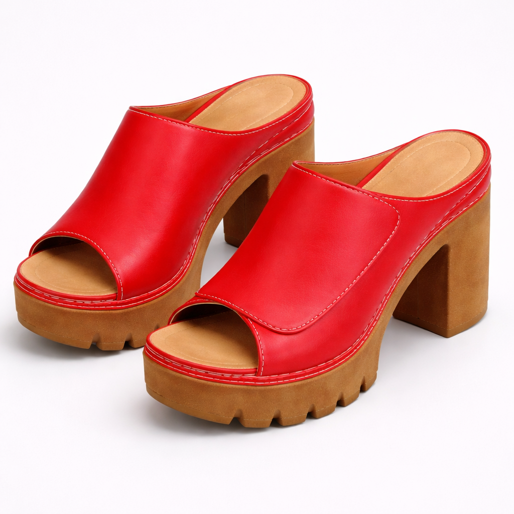 Women Leather Platform Mules Chunky High Heel Open Toe Sandals