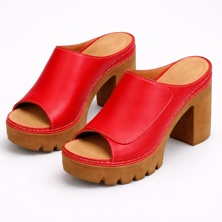 Women Leather Platform Mules Chunky High Heel Open Toe Sandals