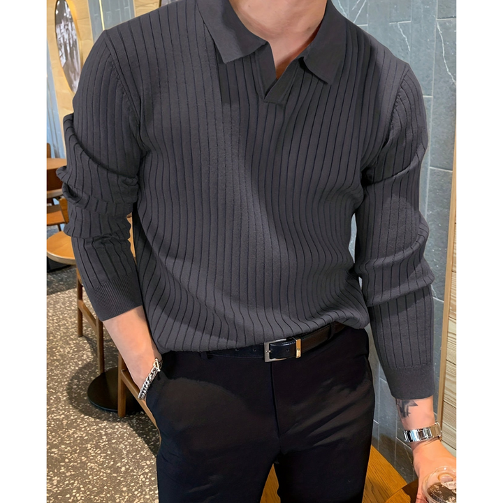 Men's Knit Long Sleeve Polo Shirt Ribbed Casual Top