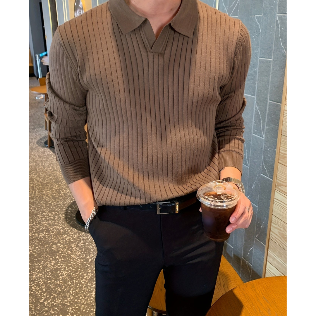 Men's Knit Long Sleeve Polo Shirt Ribbed Casual Top