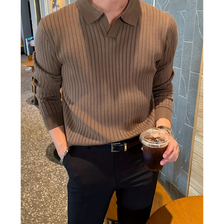 Men's Knit Long Sleeve Polo Shirt Ribbed Casual Top