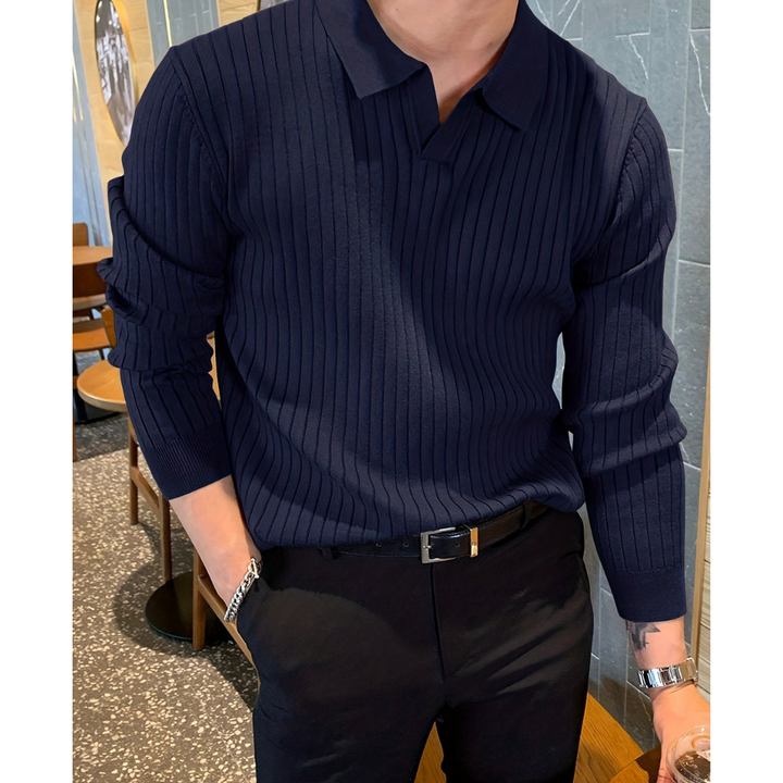 Men's Knit Long Sleeve Polo Shirt Ribbed Casual Top
