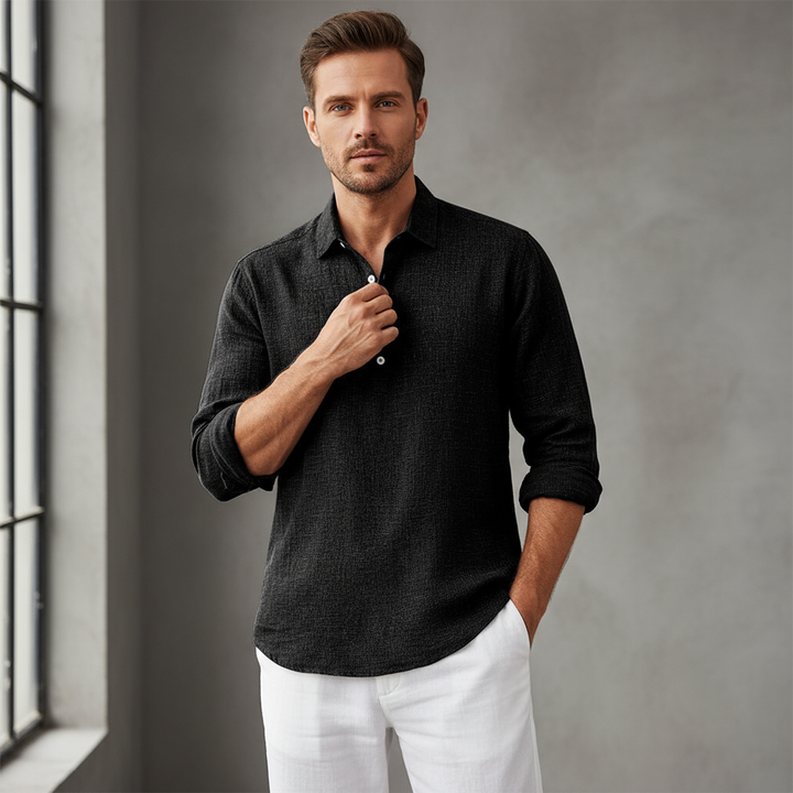 Linen Blend Men's Long Sleeve Henley Shirt Premium Casual Wear