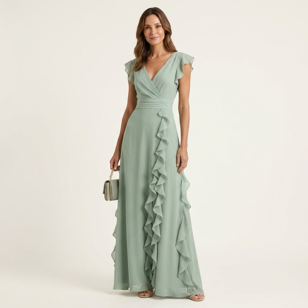 Women’s Silk Ruffle V-Neck Layered-Sleeve Wrap Maxi Dress