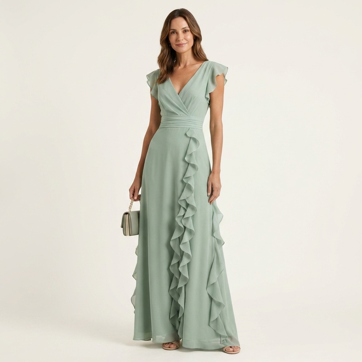 Women’s Silk Ruffle V-Neck Layered-Sleeve Wrap Maxi Dress