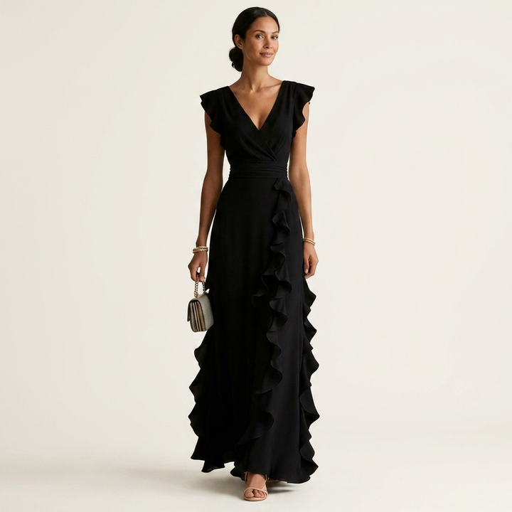Women's Maxi Dress Silk Ruffle Wrap Formal Evening Gown