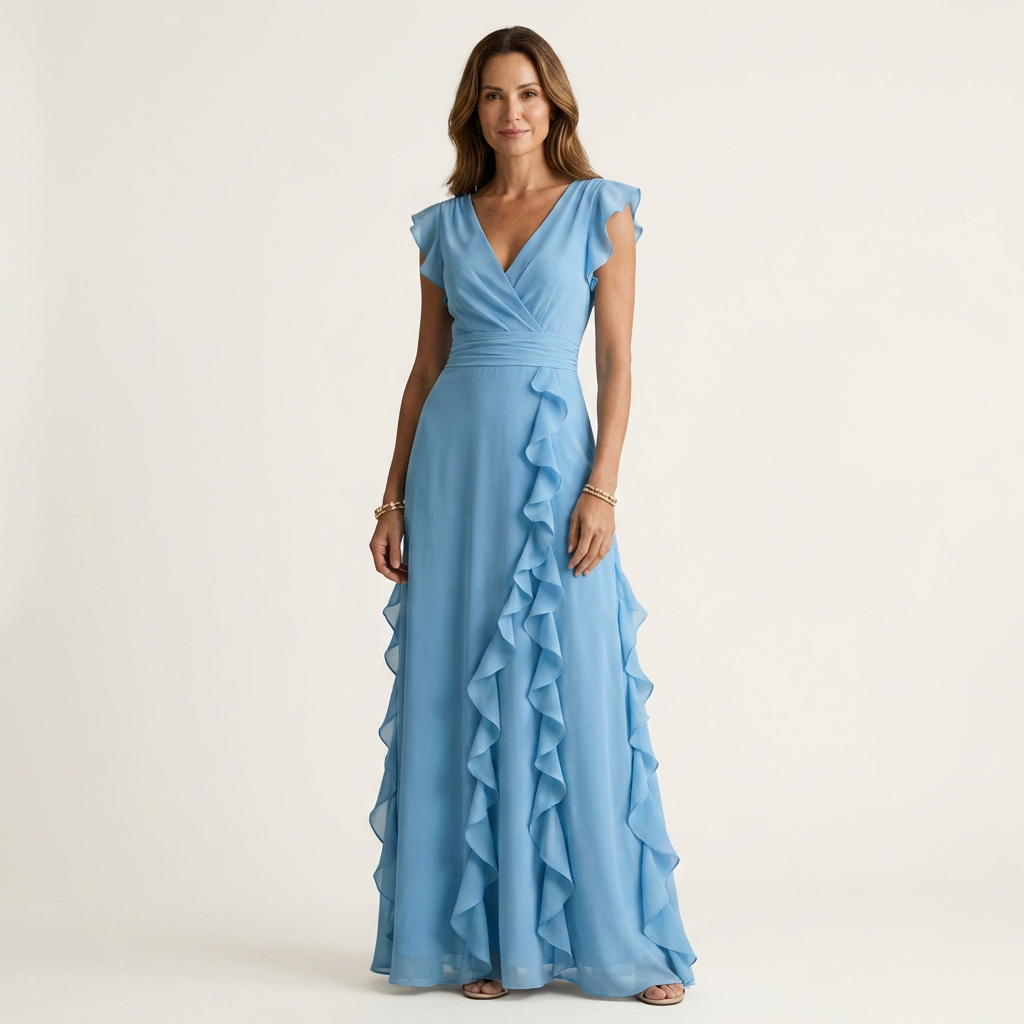 Women’s Silk Ruffle V-Neck Layered-Sleeve Wrap Maxi Dress