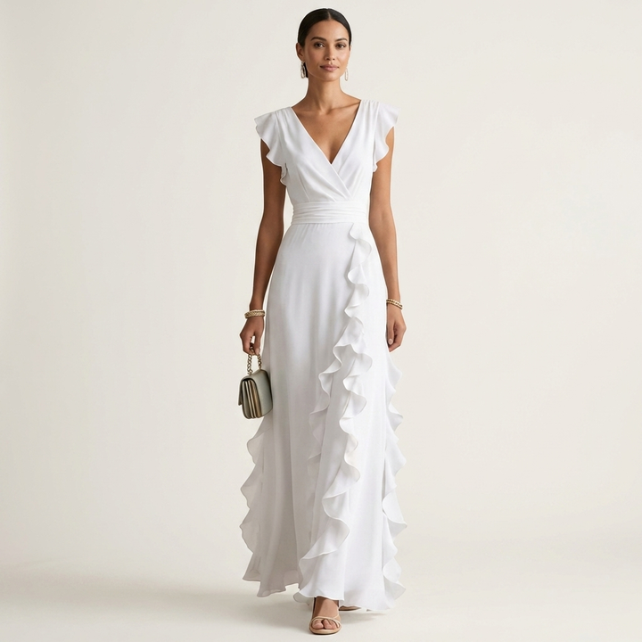 Women’s Silk Ruffle V-Neck Layered-Sleeve Wrap Maxi Dress