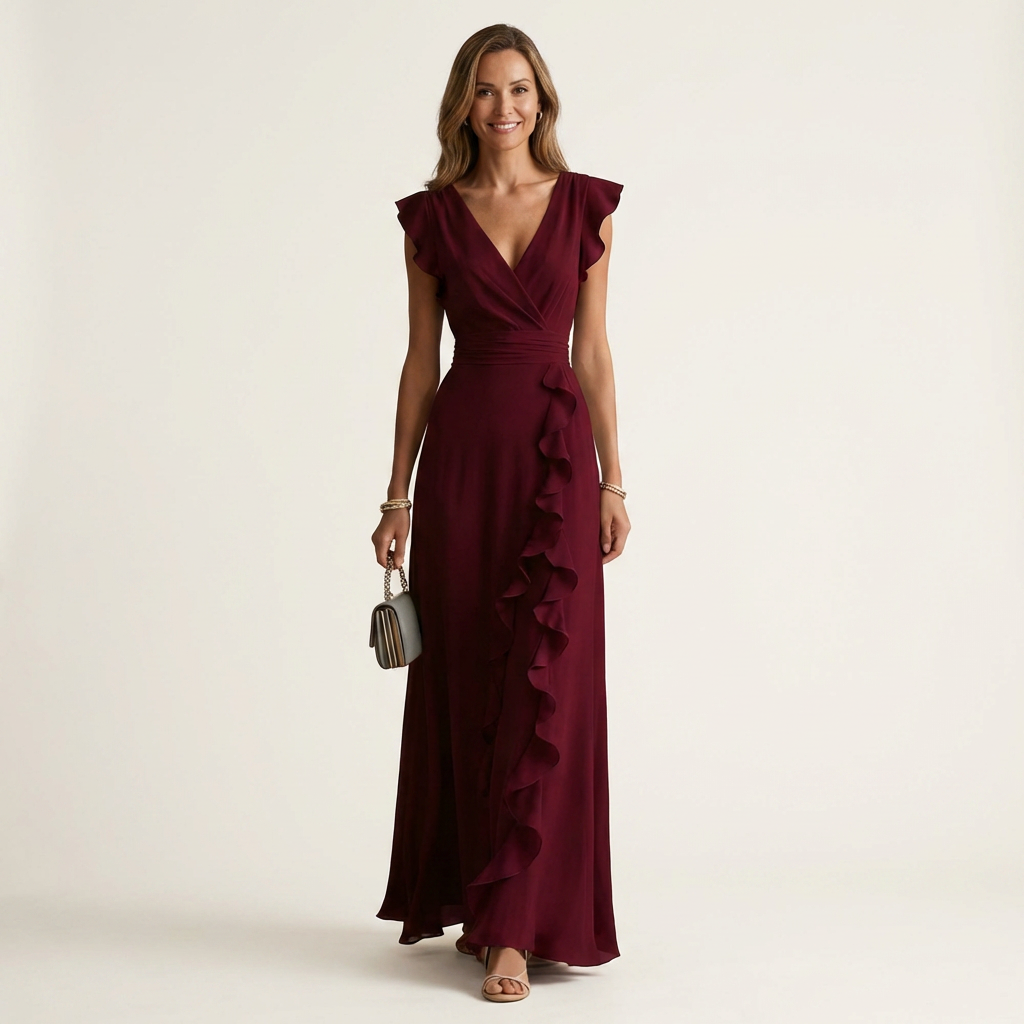 Women's Maxi Dress Silk Ruffle Wrap Formal Evening Gown