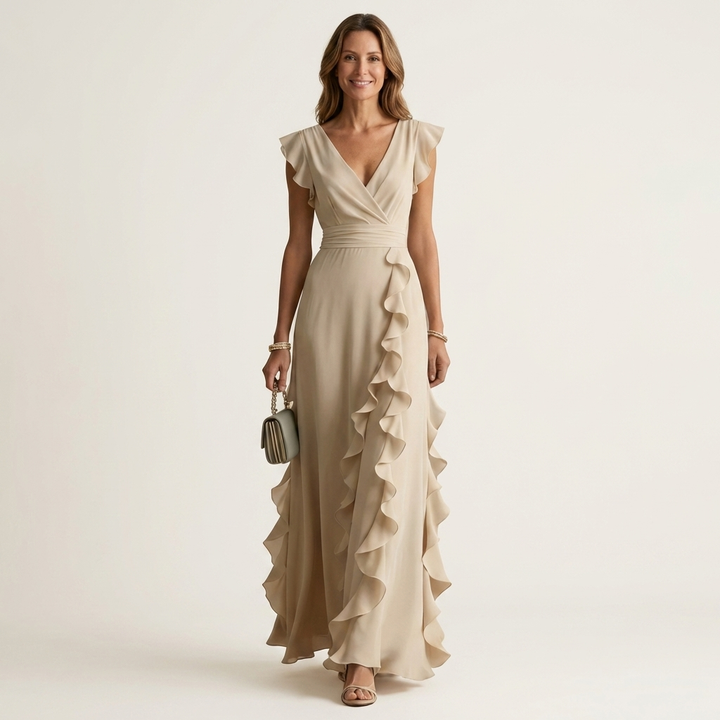 Women’s Silk Ruffle V-Neck Layered-Sleeve Wrap Maxi Dress