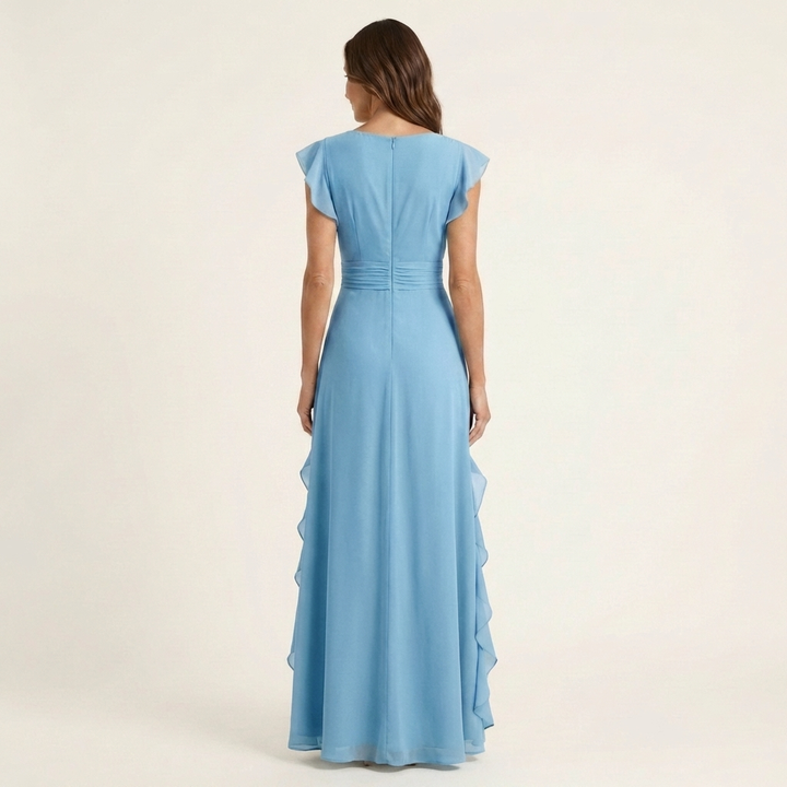 Women’s Silk Ruffle V-Neck Layered-Sleeve Wrap Maxi Dress