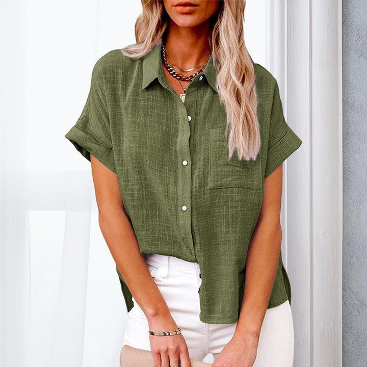 Linen Blend Short Sleeve Button Up Shirt Casual Loose Fit Blouse Lightweight For Women