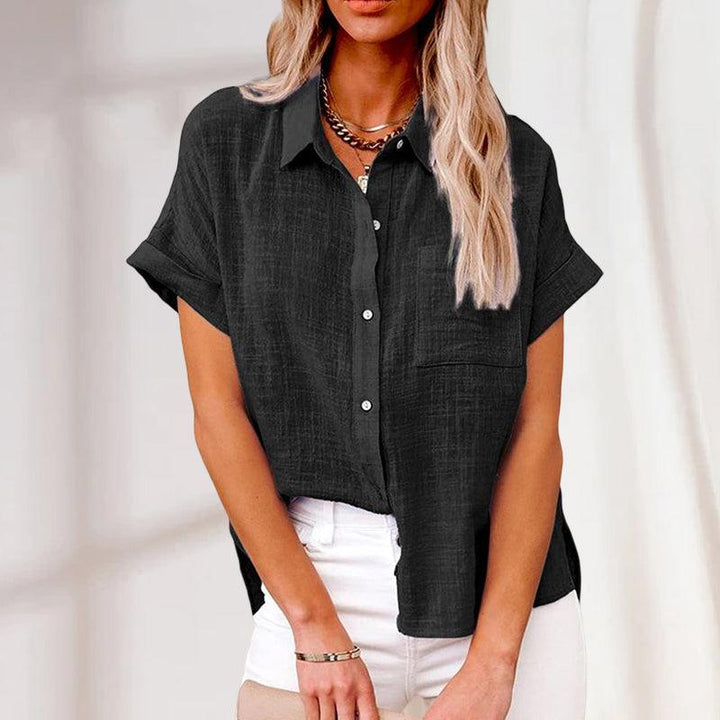 Linen Blend Short Sleeve Button Up Shirt Casual Loose Fit Blouse Lightweight For Women