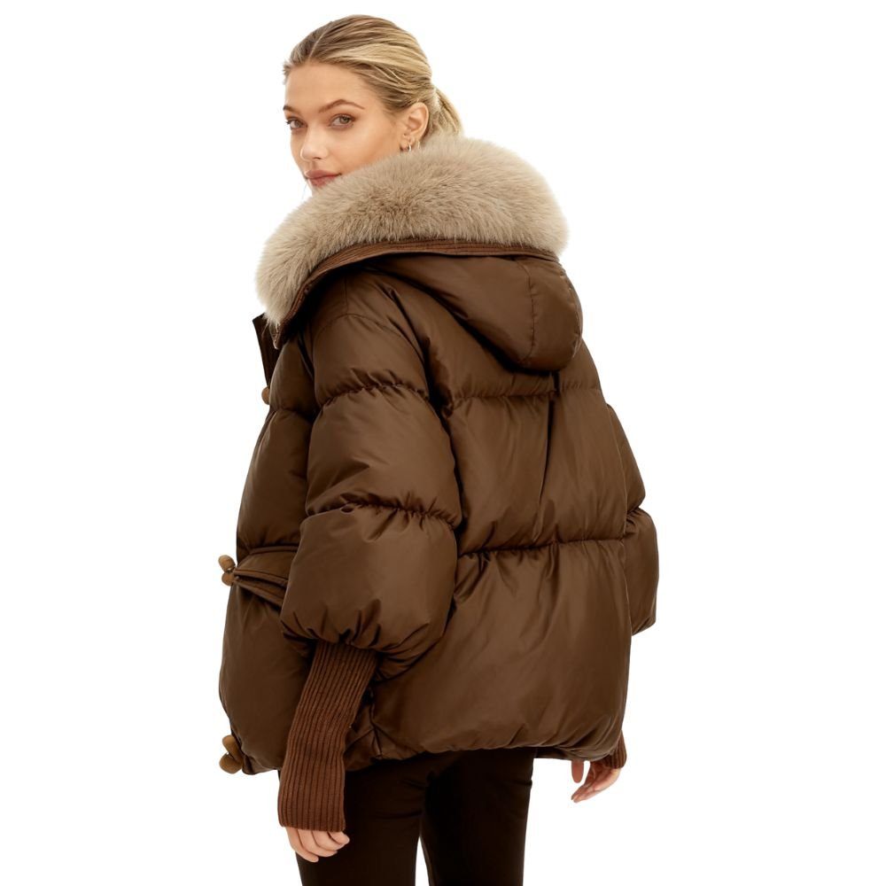 Banksia | Oversized Fox Fur Collar Down Puffer Coat – Brown