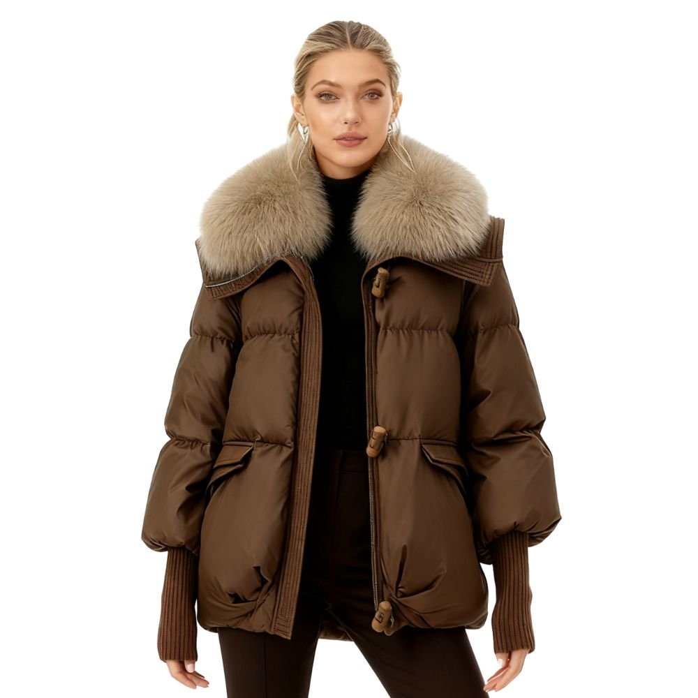 Banksia | Oversized Fox Fur Collar Down Puffer Coat – Brown