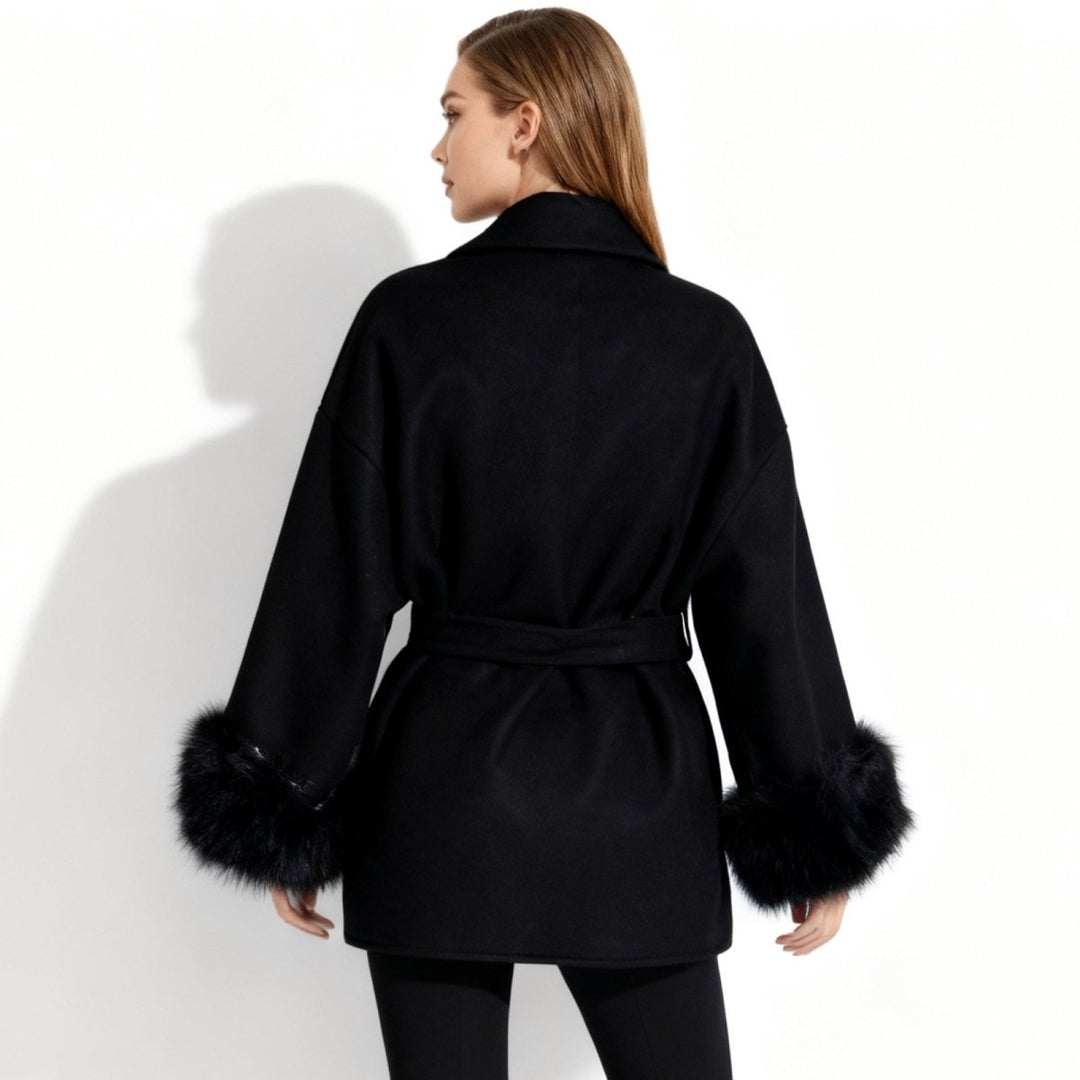 Lara | Belted Wool-Cashmere Coat with Fur Cuffs – Black