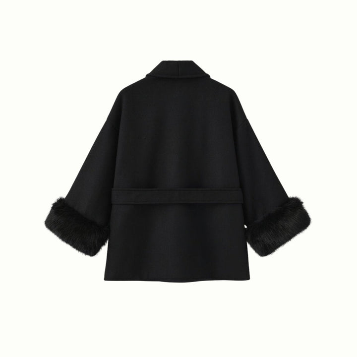 Lara | Belted Wool-Cashmere Coat with Fur Cuffs – Black