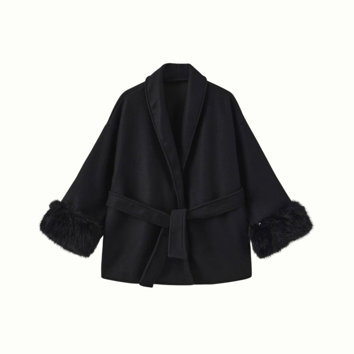 Lara | Belted Wool-Cashmere Coat with Fur Cuffs – Black