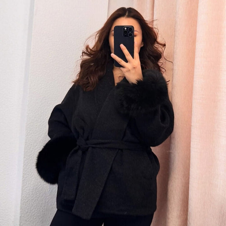 Lara | Belted Wool-Cashmere Coat with Fur Cuffs – Black