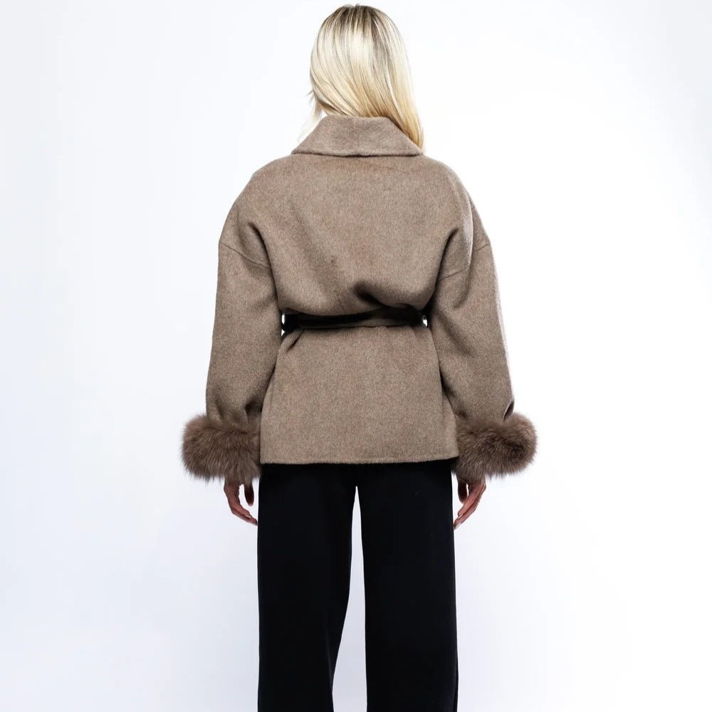Lara | Belted Wool-Cashmere Coat with Fur Cuffs – Brown