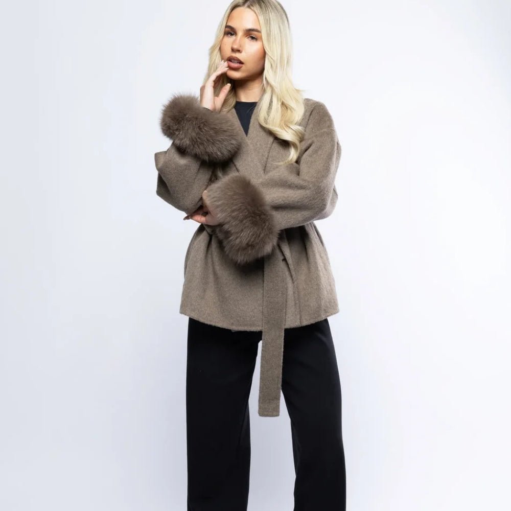 Lara | Belted Wool-Cashmere Coat with Fur Cuffs – Brown