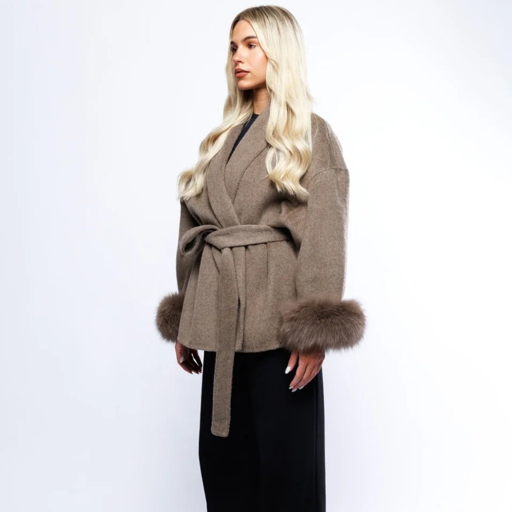 Lara | Belted Wool-Cashmere Coat with Fur Cuffs – Brown