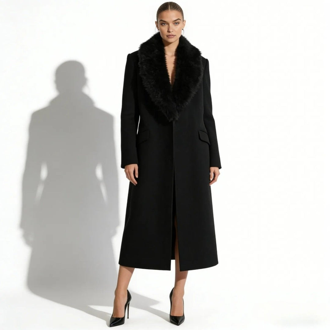 Bindi | Virgin Wool Coat with Oversized Fur Collar – Black