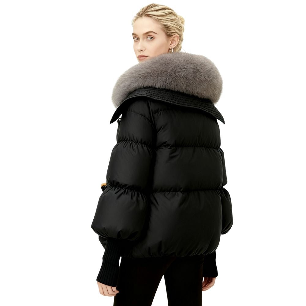 Banksia | Oversized Fox Fur Collar Down Puffer Coat – Black