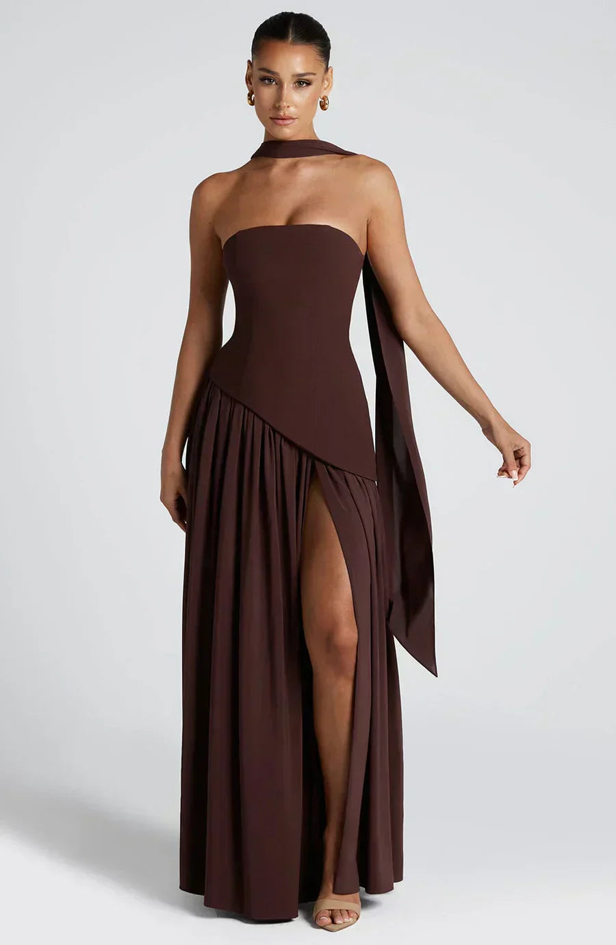 Women's Knit Strapless High Slit Formal Maxi Dress
