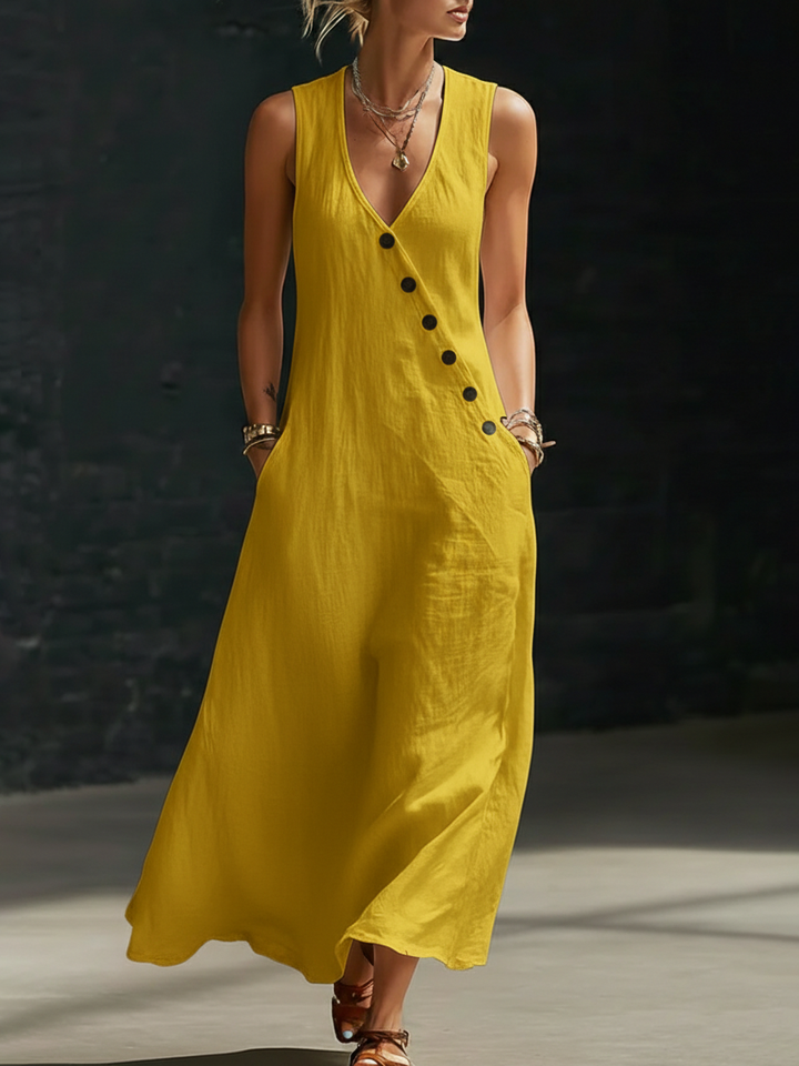 Linen Button-Up Women's Maxi Dress Sleeveless Sundress