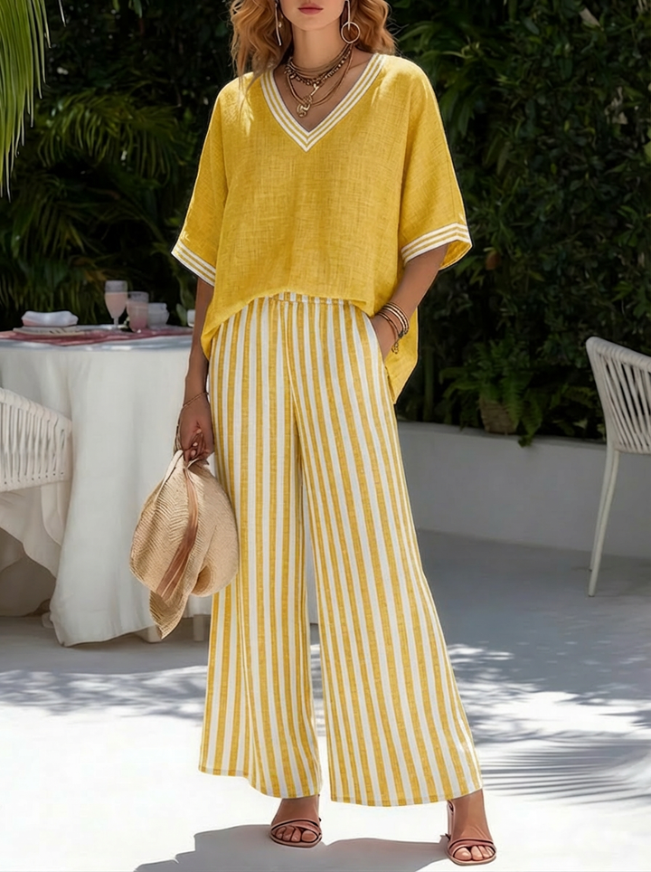 Women's Linen V-Neck Top and Striped Wide Leg Trousers Two-Piece Set
