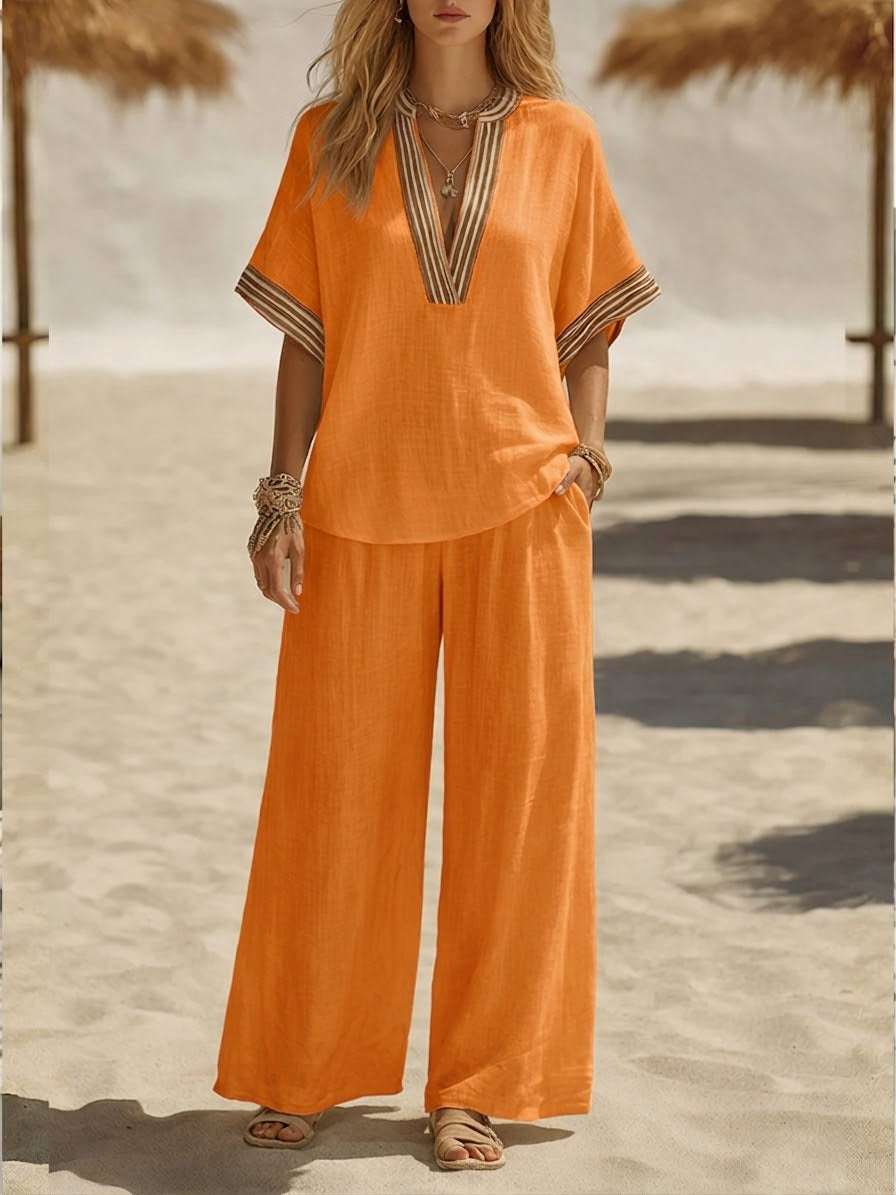 Women's Linen Two Piece Set Wide Leg Trousers and V Neck Tunic Top Outfit