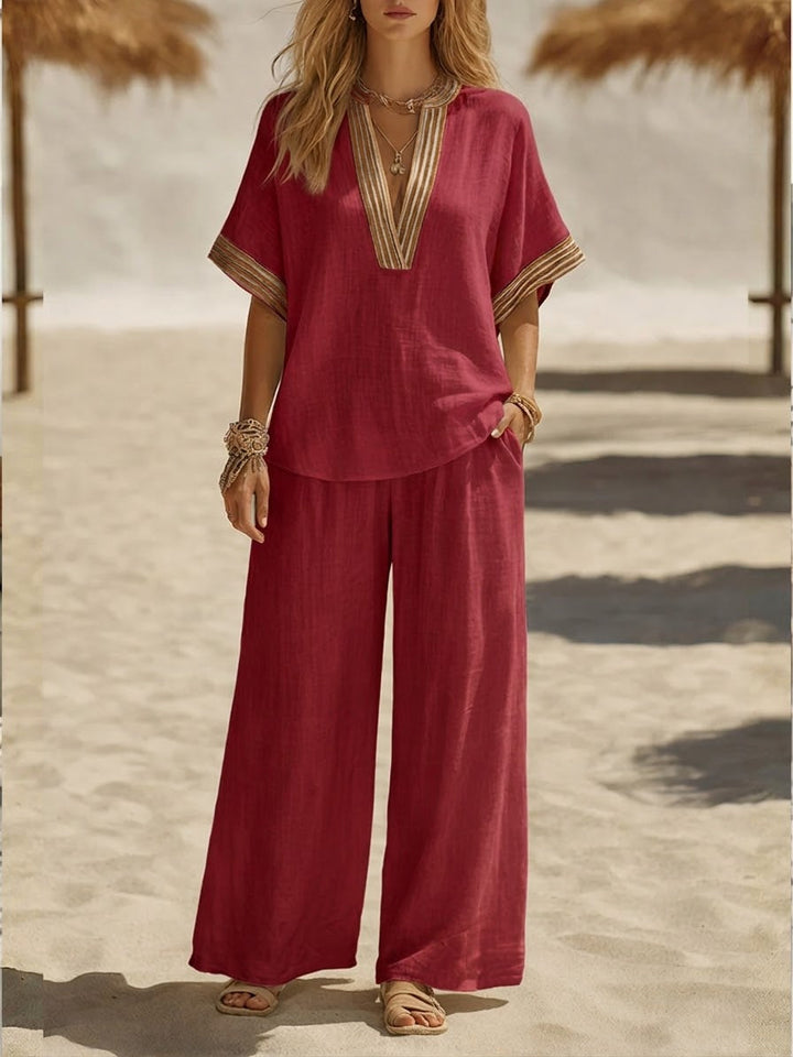 Women's Linen Two Piece Set Wide Leg Trousers and V Neck Top Co-ord