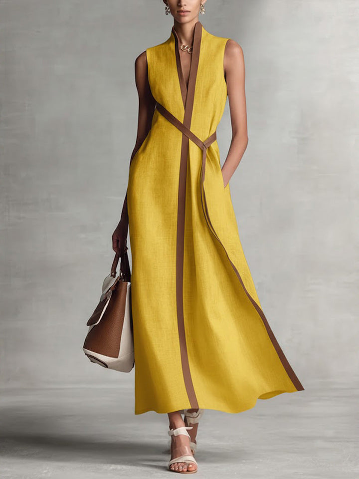 Women's Sleeveless Linen Maxi Dress with Belt Detail