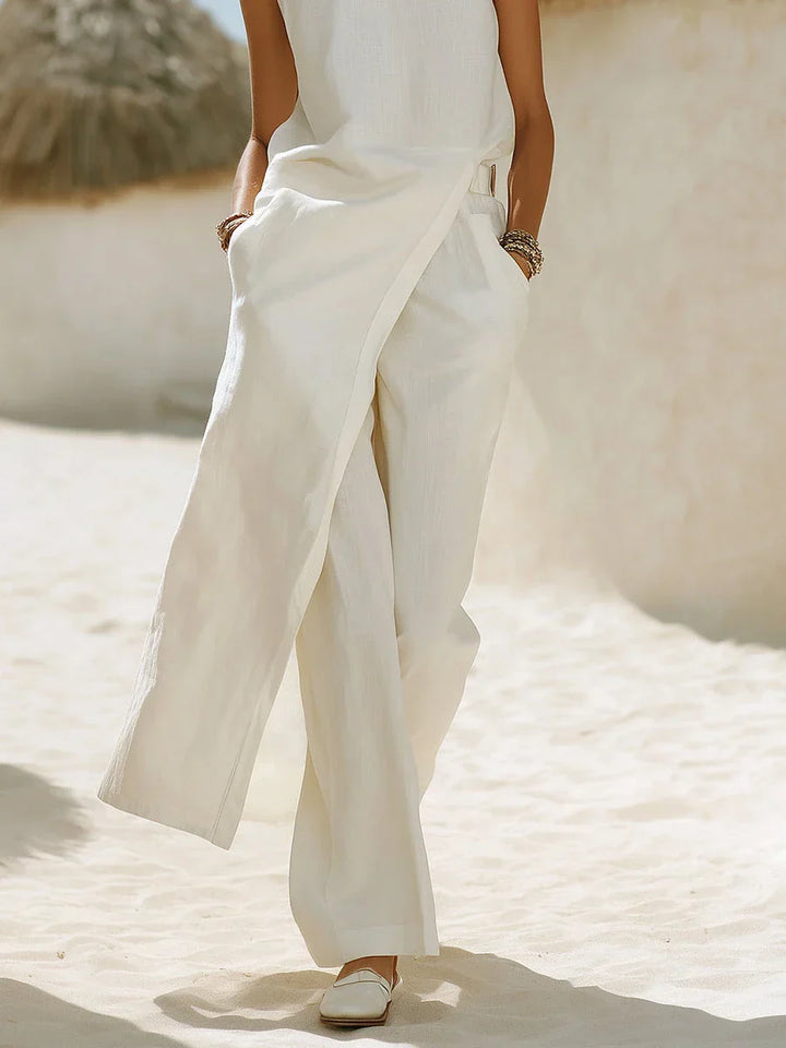Women's Linen Sleeveless Top and Wide Leg Pants Two Piece Set