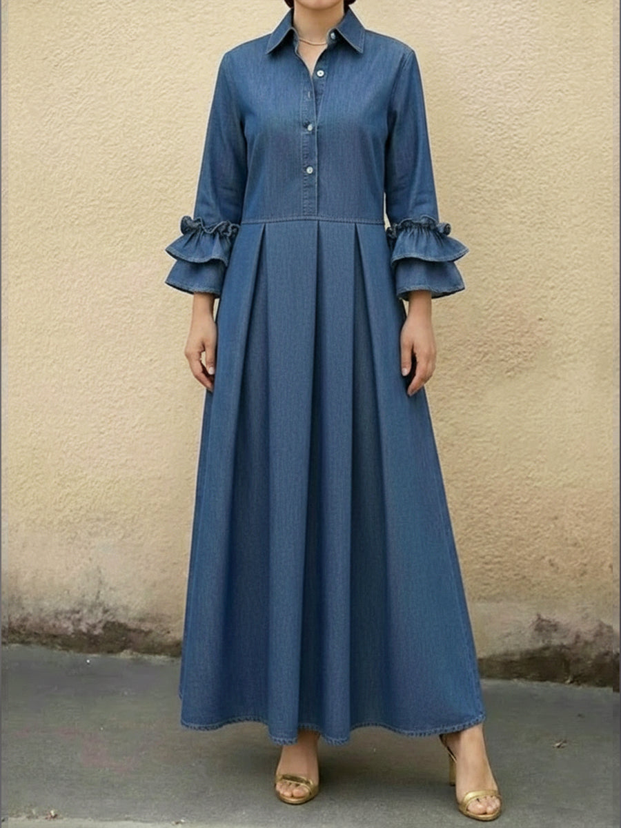 Women's Denim Pleated Ruffle Long Sleeve Maxi Dress
