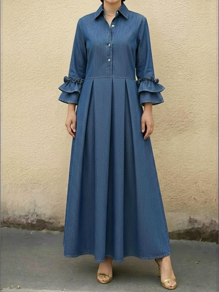 Women's Denim Pleated Ruffle Long Sleeve Maxi Dress