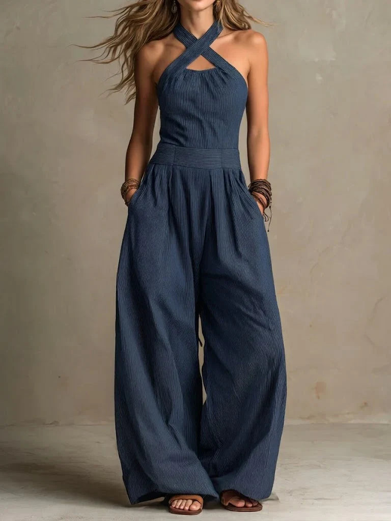 Women's Linen Halter Neck Wide Leg Jumpsuit