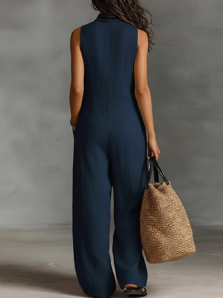 Women’s Linen Jumpsuit V-Neck Sleeveless Wide Leg Romper