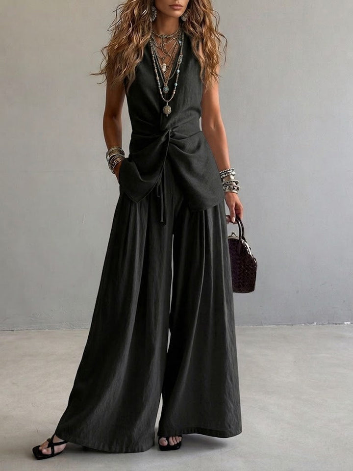 Women's Linen Two Piece Set  Sleeveless Wrap Top & Wide Leg Pants