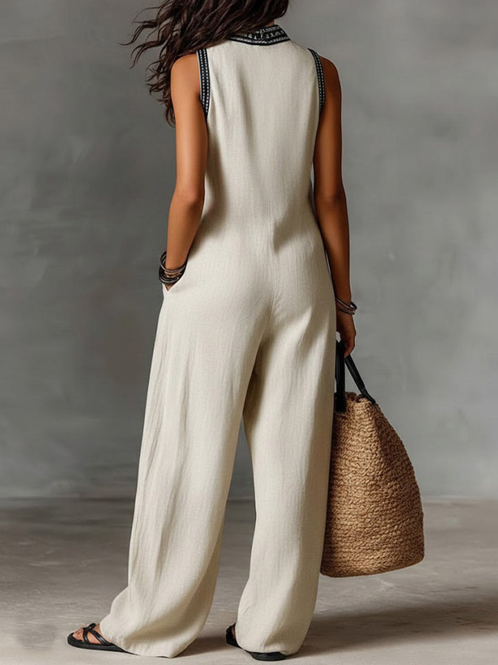 Women’s Linen Jumpsuit V-Neck Sleeveless Wide Leg Romper