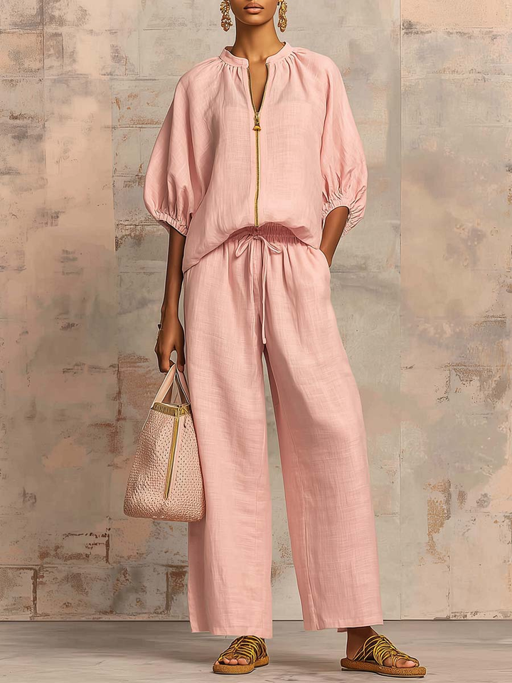Linen Two-Piece Set Women's Wide-Leg Pants and Shirt Outfit