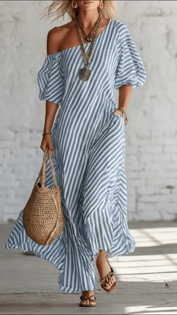 Women's Linen Off the Shoulder Maxi Dress Striped Oversized Sun Dress